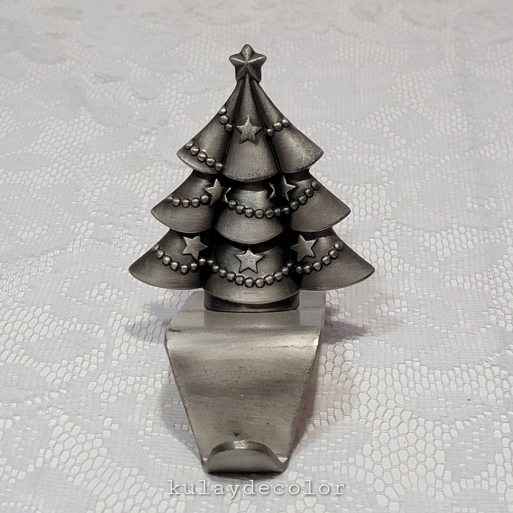 Pewter Christmas Tree Holiday Stocking Holder Mantel Hook Heavy Silver Tone